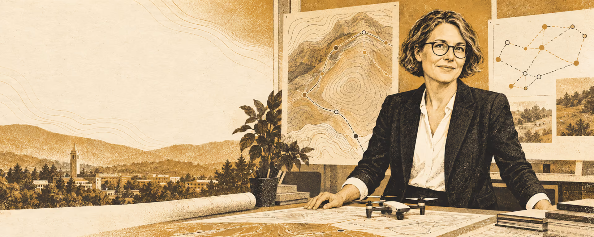 Ines Halvorsen-Tan in a planning studio with a hill map, route diagrams and a model drone.
