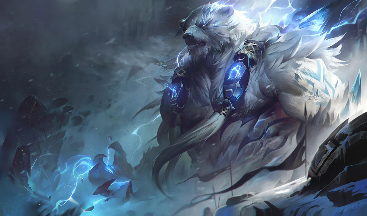 Volibear standing in an ice storm, official League of Legends splash artwork