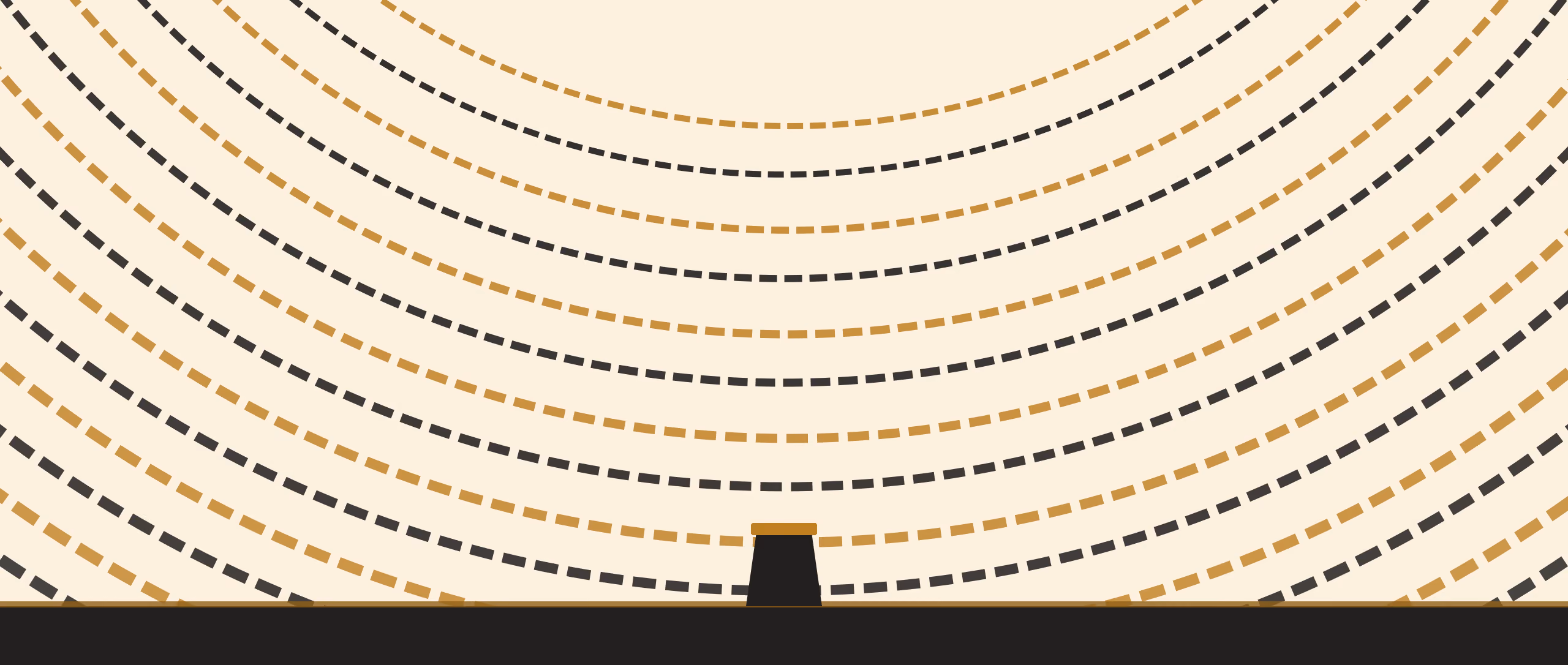 A lecture theatre reduced to flat gold and black shapes, rows of seats sweeping past the frame, in a two-ink risograph print