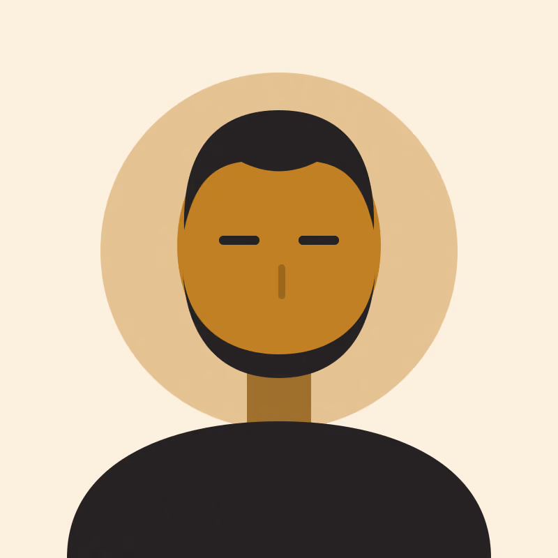 A stylised portrait of a bearded person facing the viewer, flat gold and black shapes on warm cream, in a two-ink risograph print
