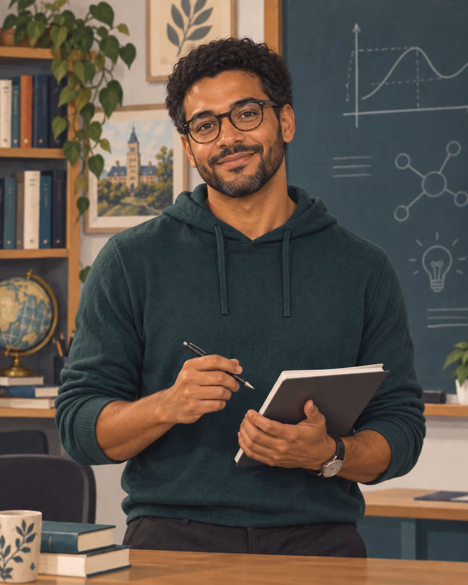 A man with curly dark hair, glasses, and a beard, wearing a green hoodie, smiling at the camera while holding a notebook and pen in a classroom with a chalkboard behind him