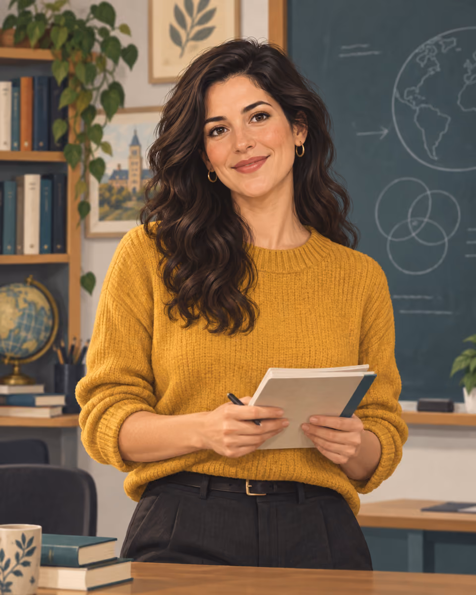 A woman with long dark wavy hair, wearing a mustard-yellow sweater, smiling at the camera while holding a notebook and pen in a classroom with a chalkboard behind her