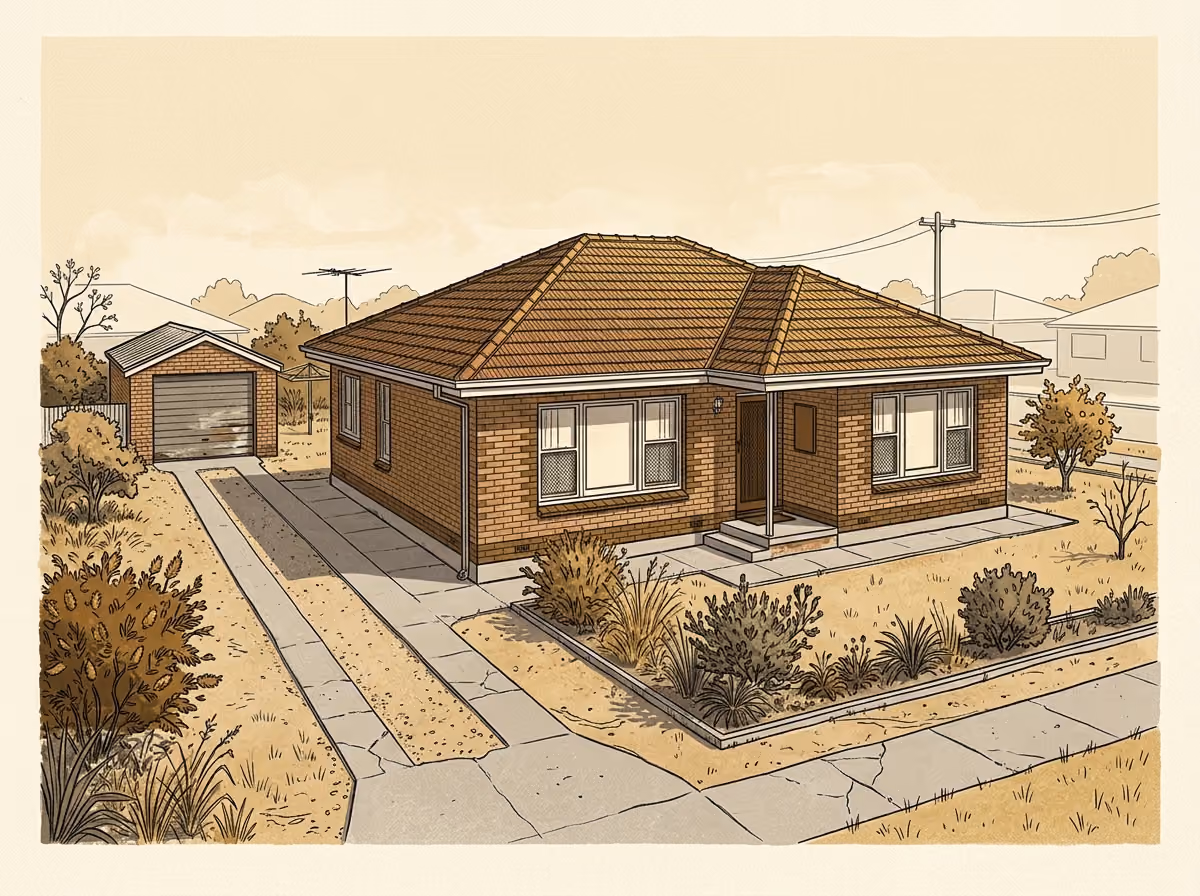 Illustration of a single-storey double-brick suburban house and front garden.