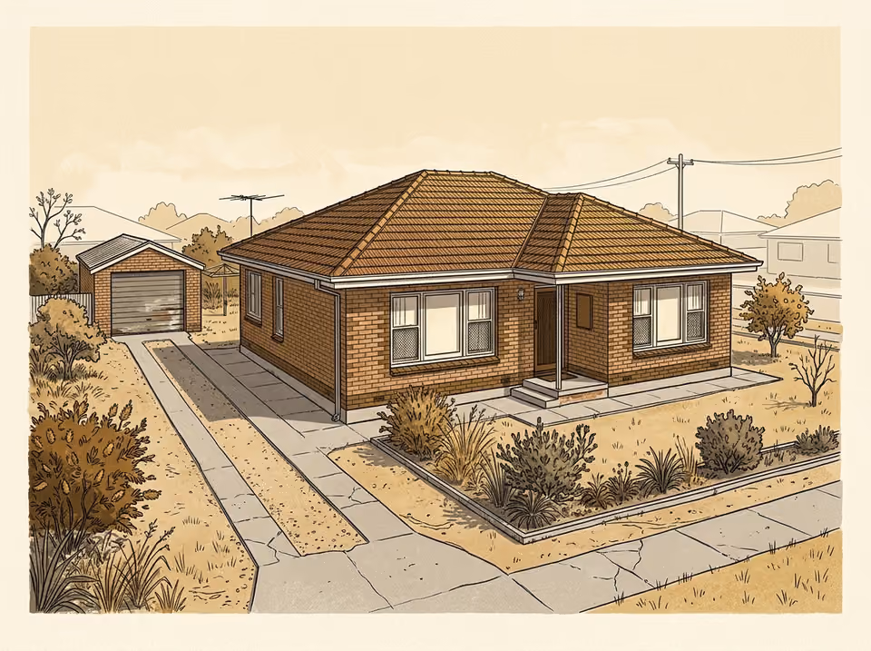 Illustration of a single-storey double-brick suburban house and front garden.