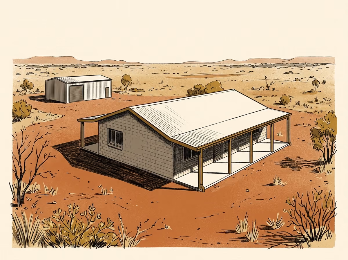 Illustration of a low blockwork house on an arid rural property.