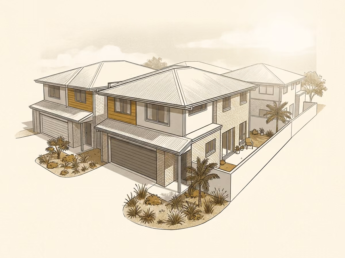 Illustration of attached two-storey townhouses with compact courtyards.