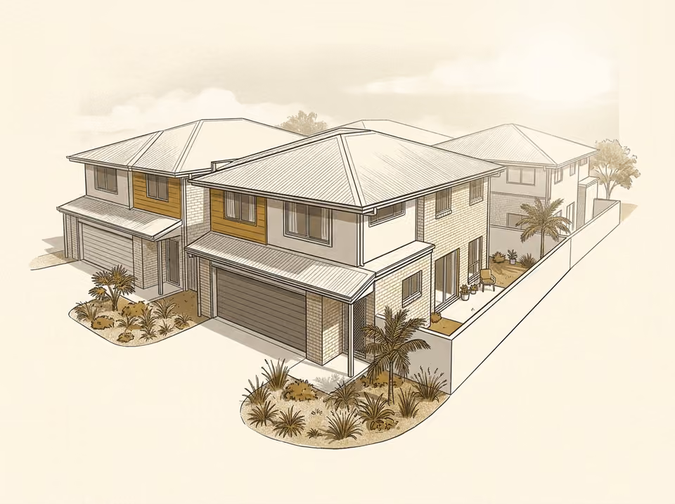 Illustration of attached two-storey townhouses with compact courtyards.
