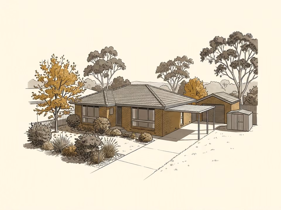 Illustration of a brick-veneer suburban house among mature eucalypts.