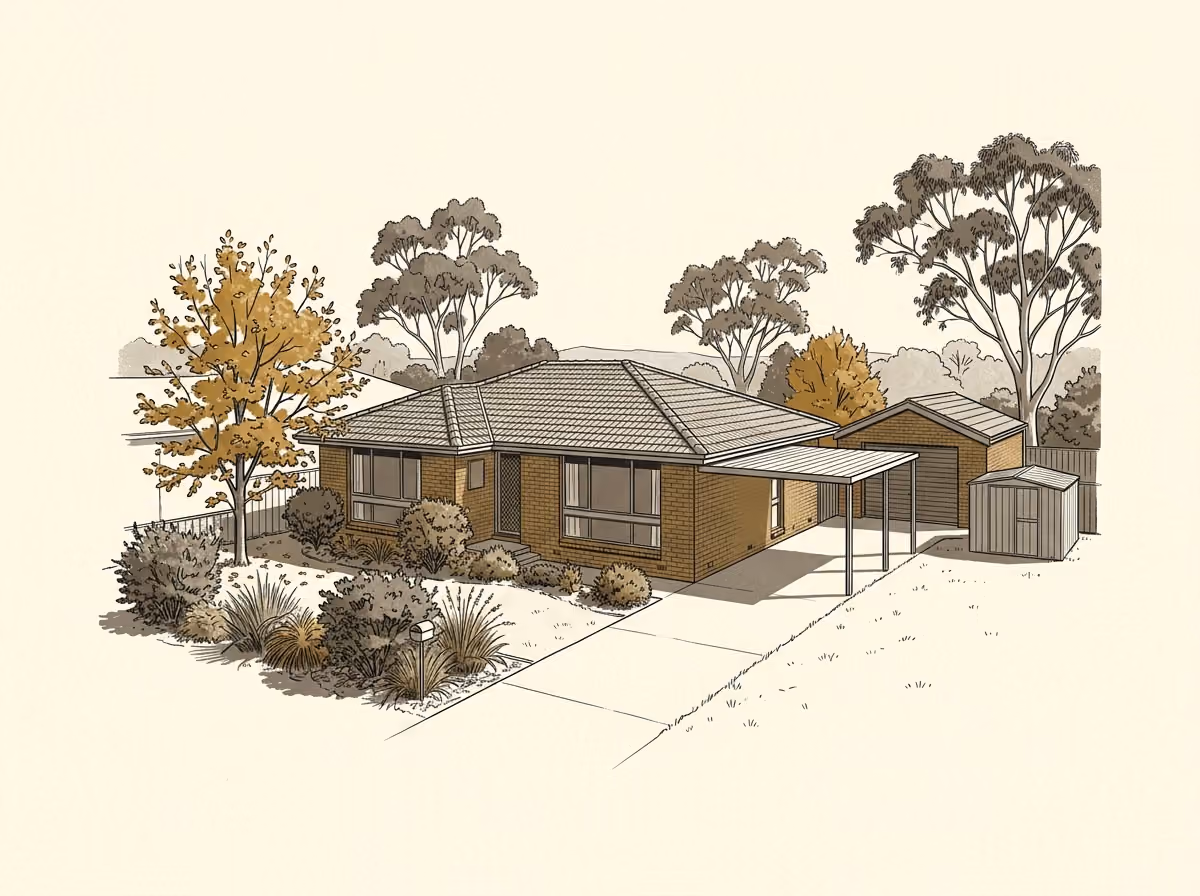 Illustration of a brick-veneer suburban house among mature eucalypts.