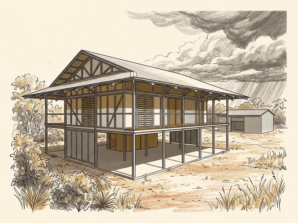 Illustration of an elevated steel-frame tropical house beneath storm clouds.