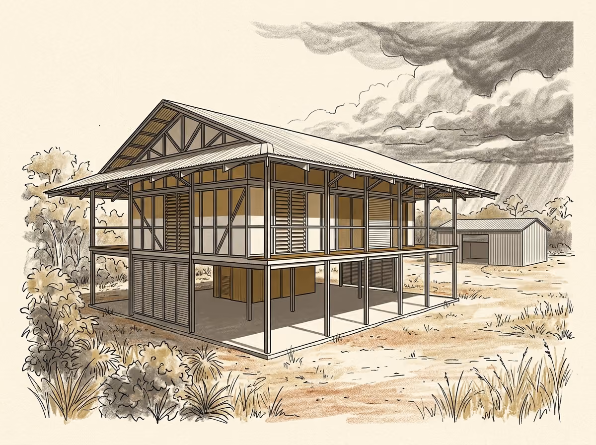 Illustration of an elevated steel-frame tropical house beneath storm clouds.