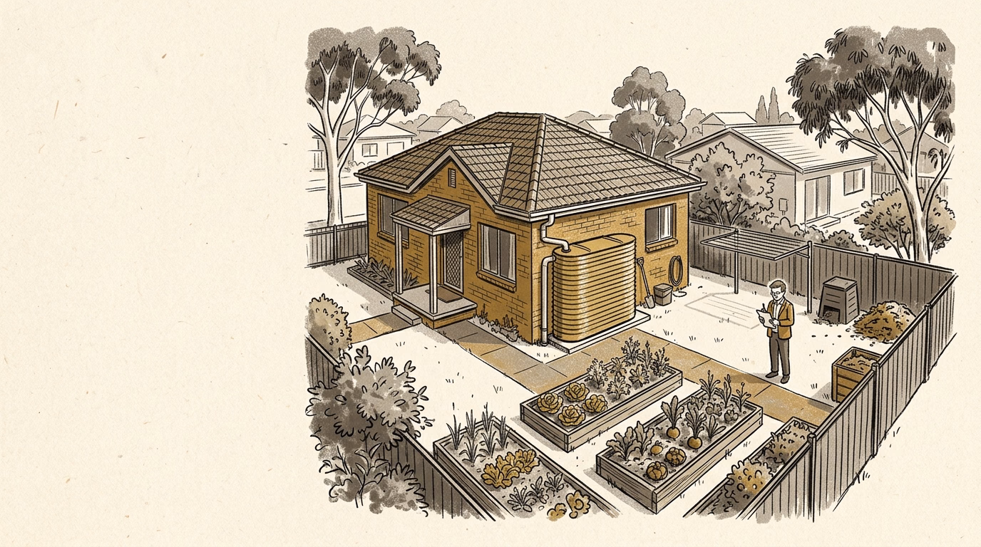 An engineer reviews a suburban home, rainwater tank, garden beds and composting systems.