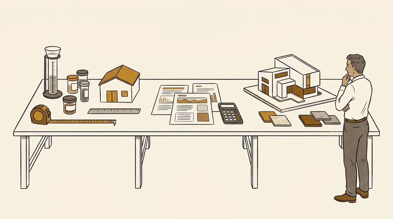 Engineer reviewing measurement sheets, samples, calculations and a house model on a workbench.