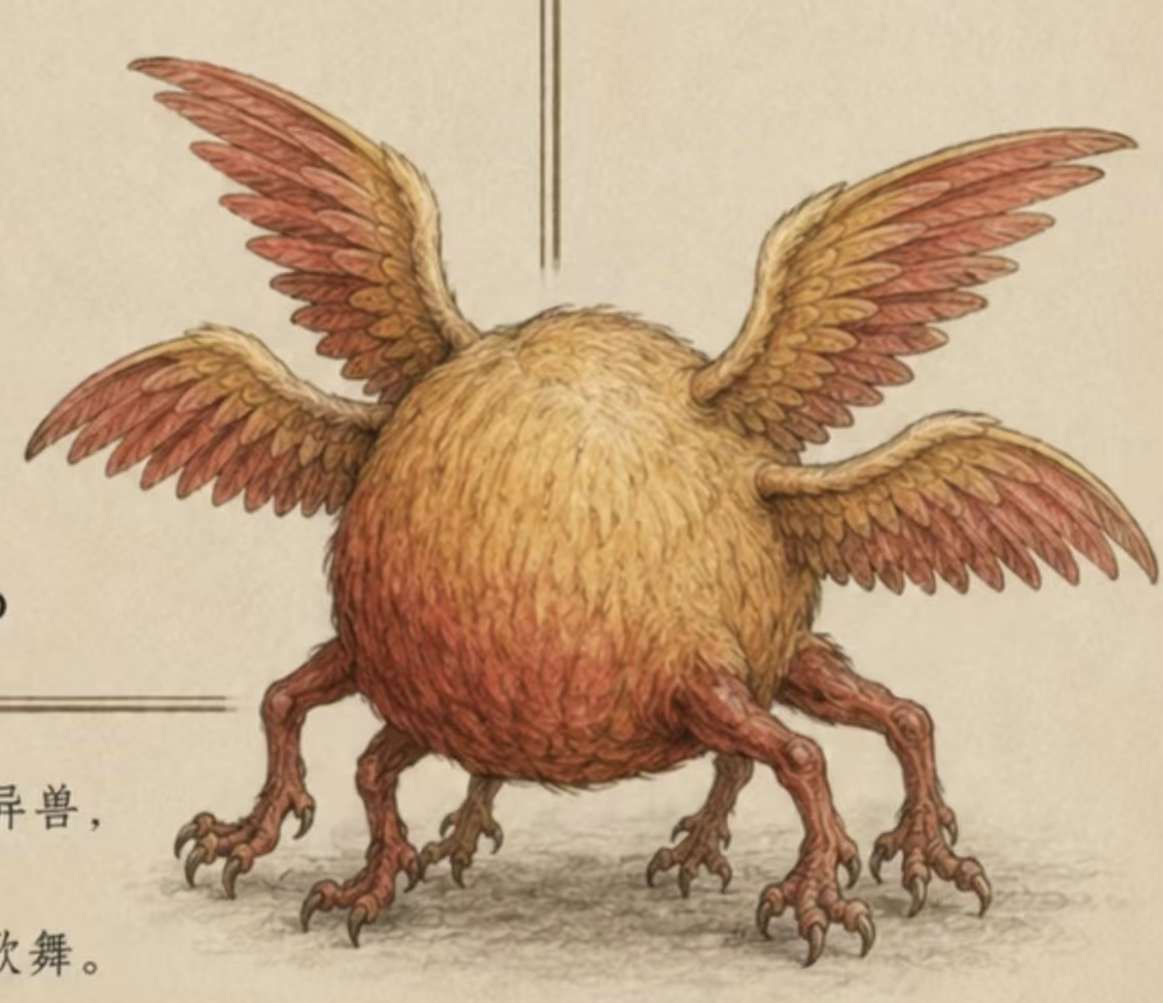 A modern painting of 帝江: a round, faceless, feathered body the colour of
fire, four wings and six clawed legs, standing on bare ground.