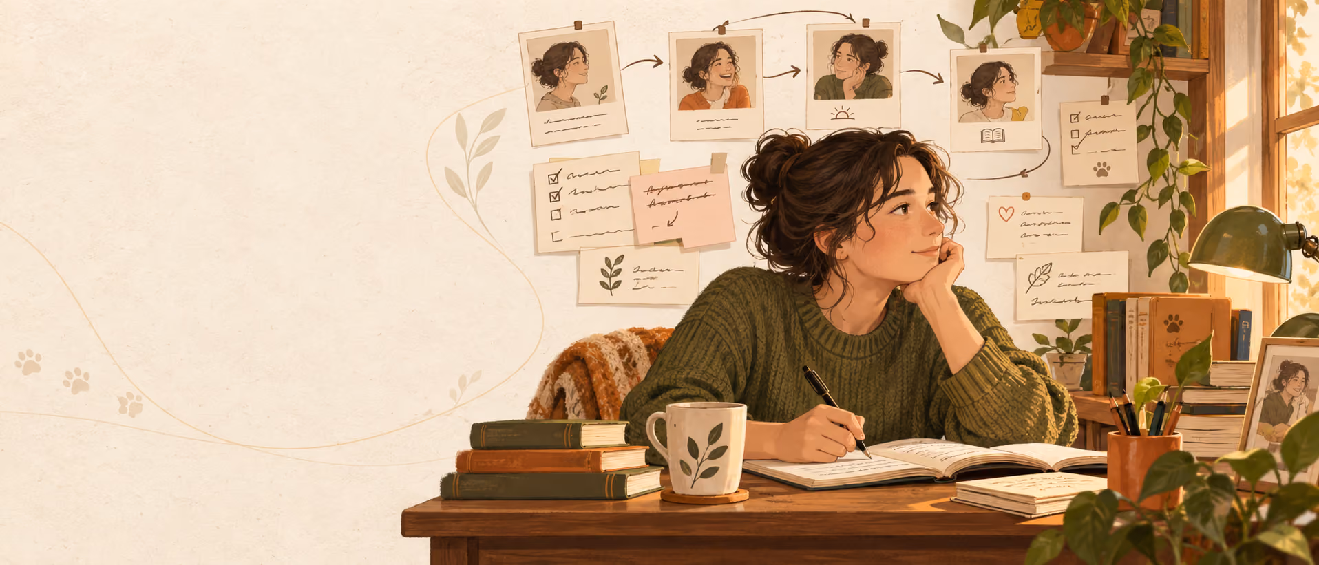 A young woman sits at a wooden desk, pen in hand over an open notebook, looking up thoughtfully. Above her, a row of polaroid-style photos of her at different moments are connected by arrows, alongside handwritten sticky notes, in a warm illustrated style