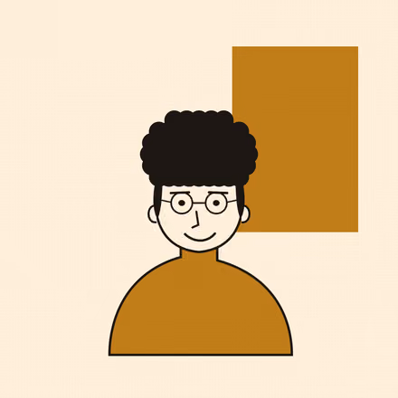 A stylised portrait of a person facing the viewer with curly hair, round glasses and an open, friendly half-smile, flat gold and black shapes on warm cream, in a two-ink risograph print