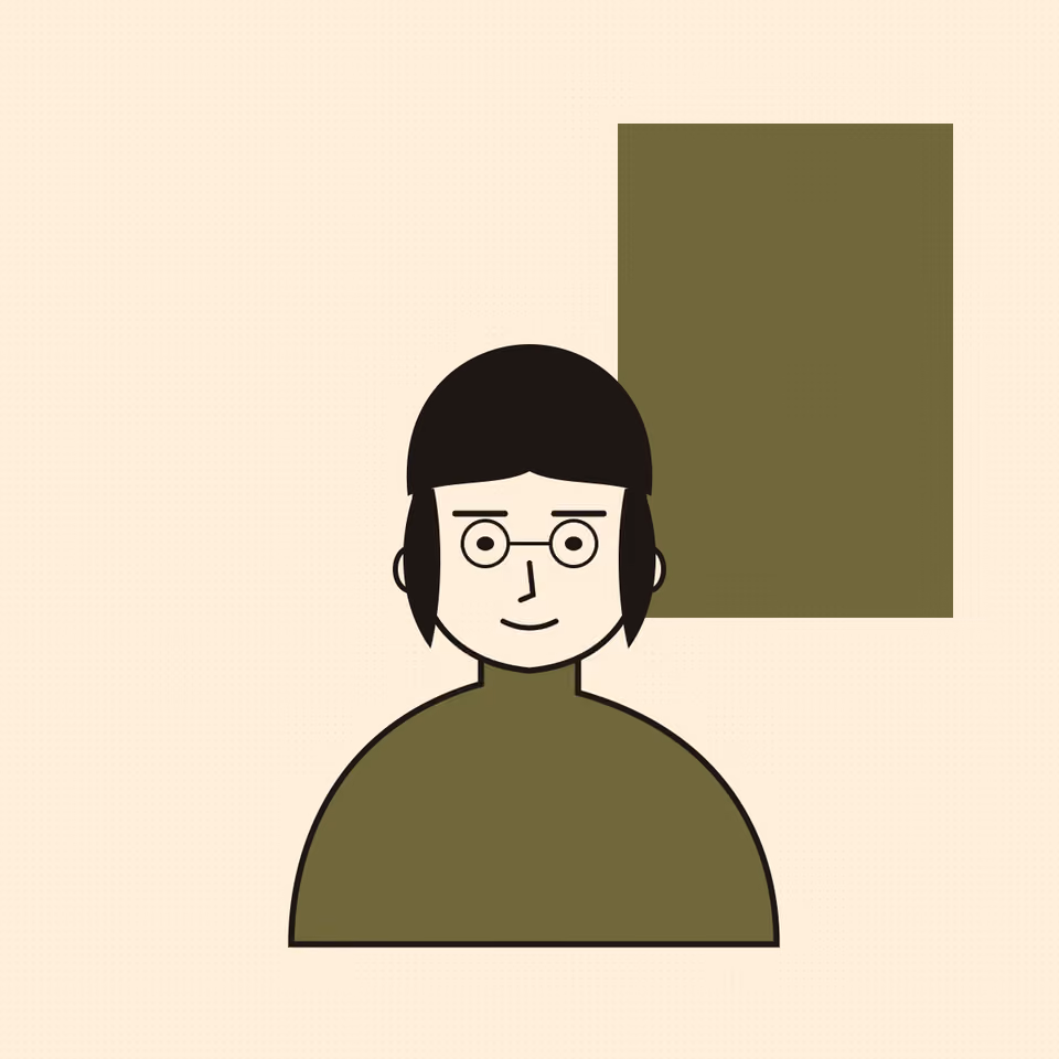 A stylised portrait of a person facing the viewer with a symmetric bob, thin round glasses and a calm, precise expression, flat olive and black shapes on warm cream, in a two-ink risograph print