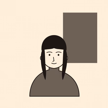 A stylised portrait of a person facing the viewer with long straight hair parted in the centre and worn past the shoulders, no glasses and a calm, closed smile, flat taupe and black shapes on warm cream, in a two-ink risograph print