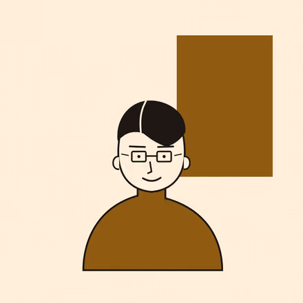 A stylised portrait of a person facing the viewer with short hair combed into a clean side part, square glasses and a steady smile, flat bronze and black shapes on warm cream, in a two-ink risograph print