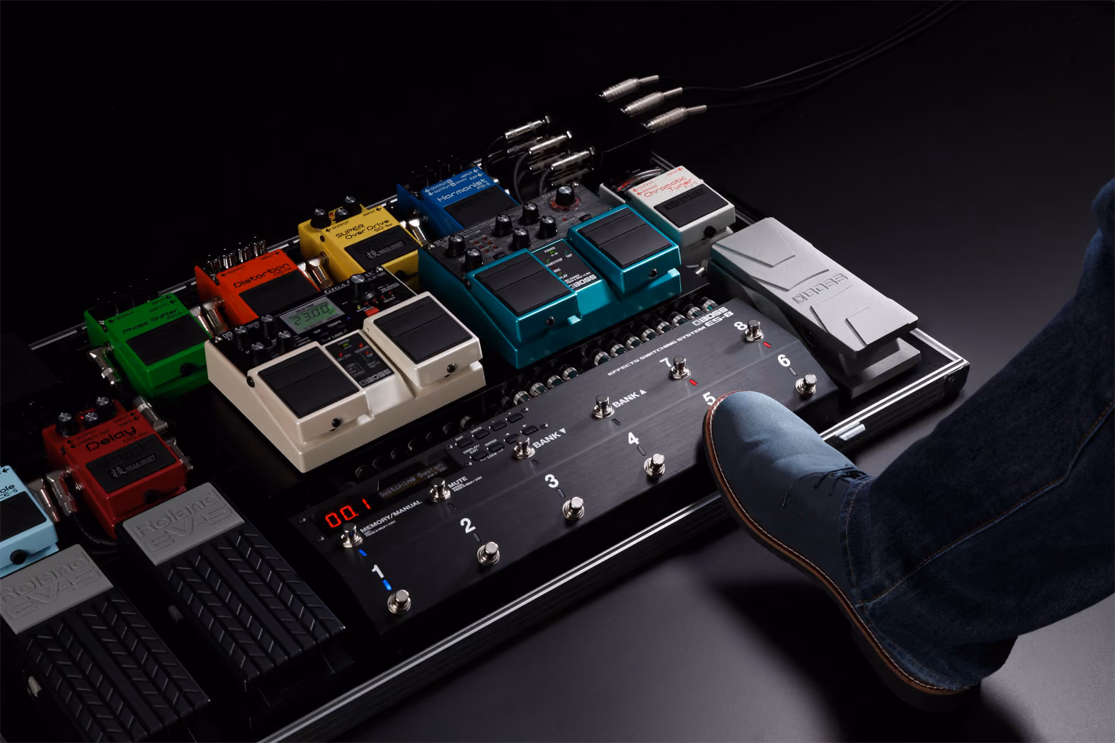 A complete pedalboard, several distinct pedals wired in a signal chain, viewed from above — the deliberately engineered system this week integrates.