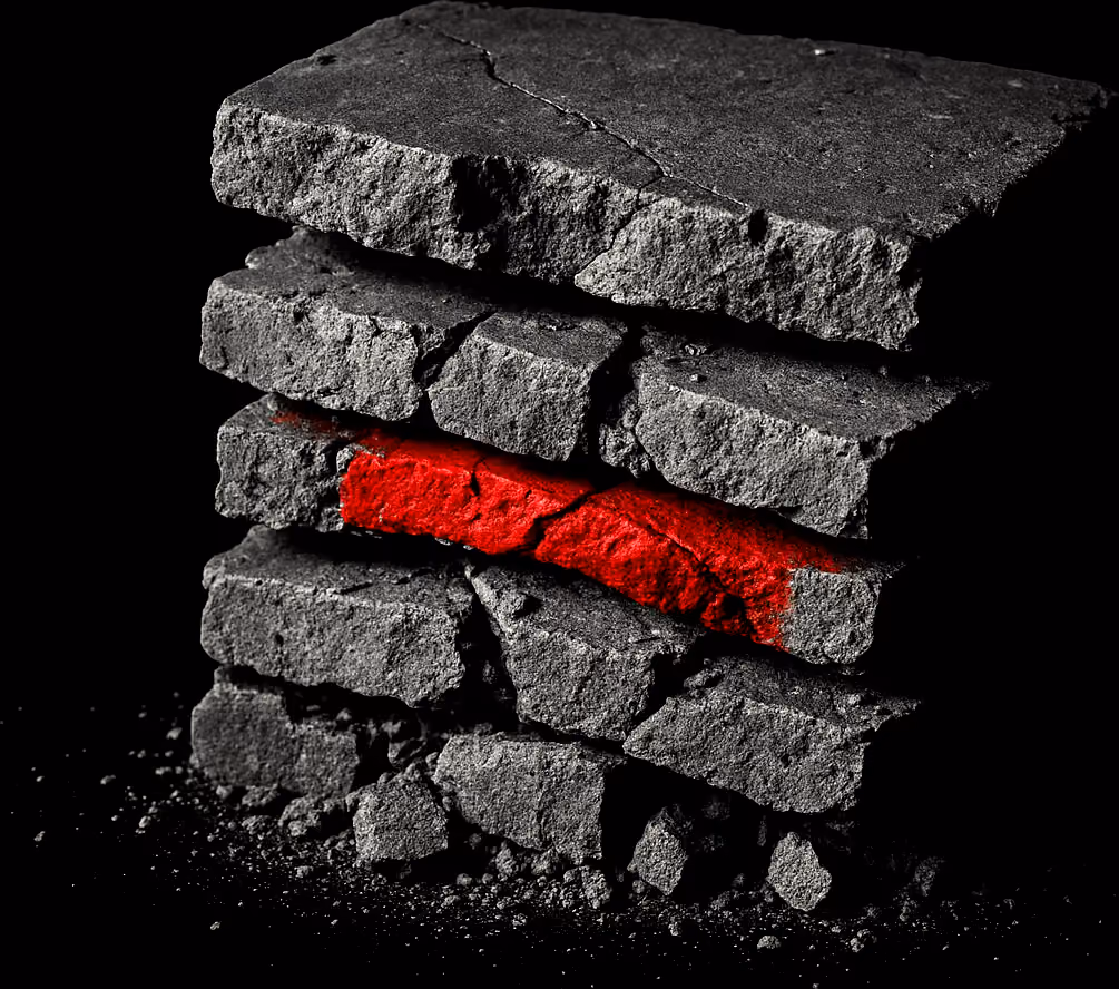 A layered stack of grey stone slabs that has collapsed under
           vertical load. The slabs are cracked and their edges have crumbled;
           a single red layer near the bottom is crushed thin and squeezed
           outward between two of them. Grit and chips have fallen around the
           base. Everything is grey except the red layer.