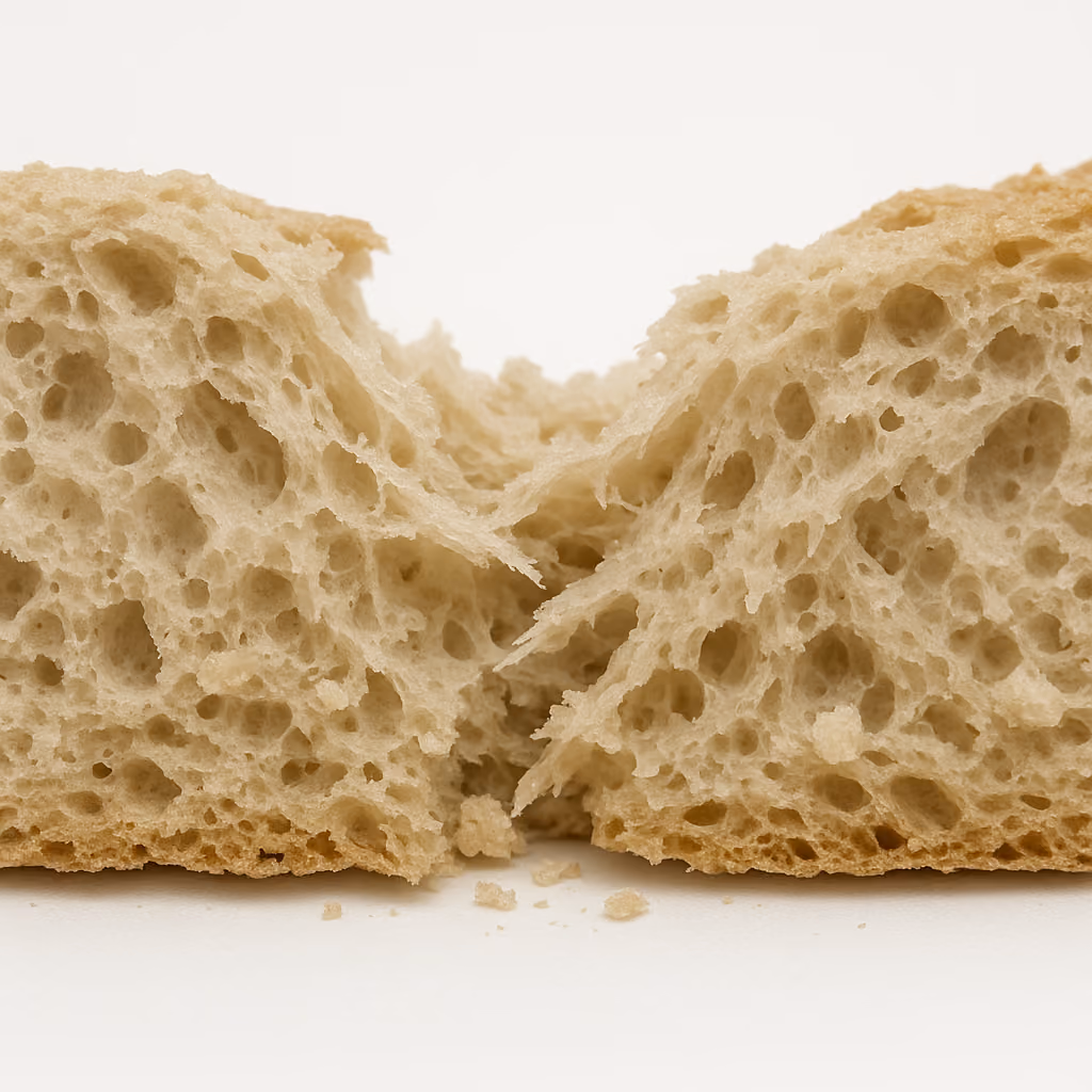 Macro photograph of a torn edge through bread crumb. The break runs across the frame and is ragged rather than cut, with stretched strands of crumb bridging the gap, open torn cell walls, and loose crumbs fallen below it.