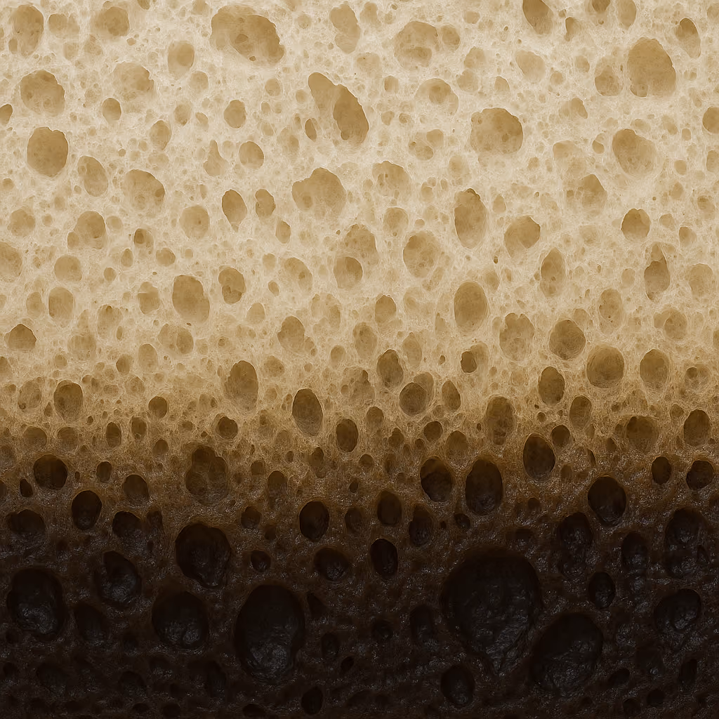 Macro photograph of a cut face through bread crumb. The lower part is dark and collapsed where liquid has soaked in, the upper part is pale and open-celled, and the uneven boundary between them runs across the frame with fingers of darkening reaching up into the dry crumb.