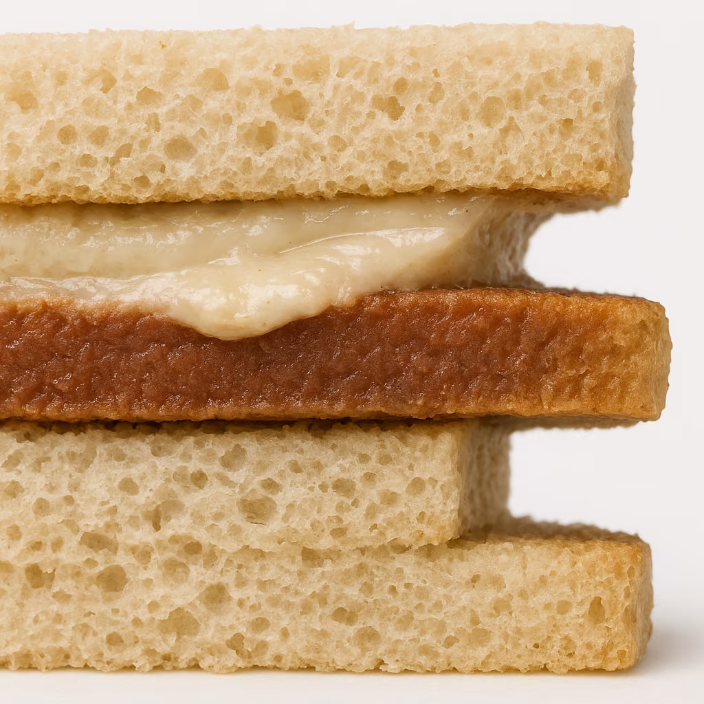 Macro photograph of the edge of a layered assembly seen from the side. A pale smeared film and a red-brown layer have slid sideways out of alignment with the bread above and below, and overhang it.