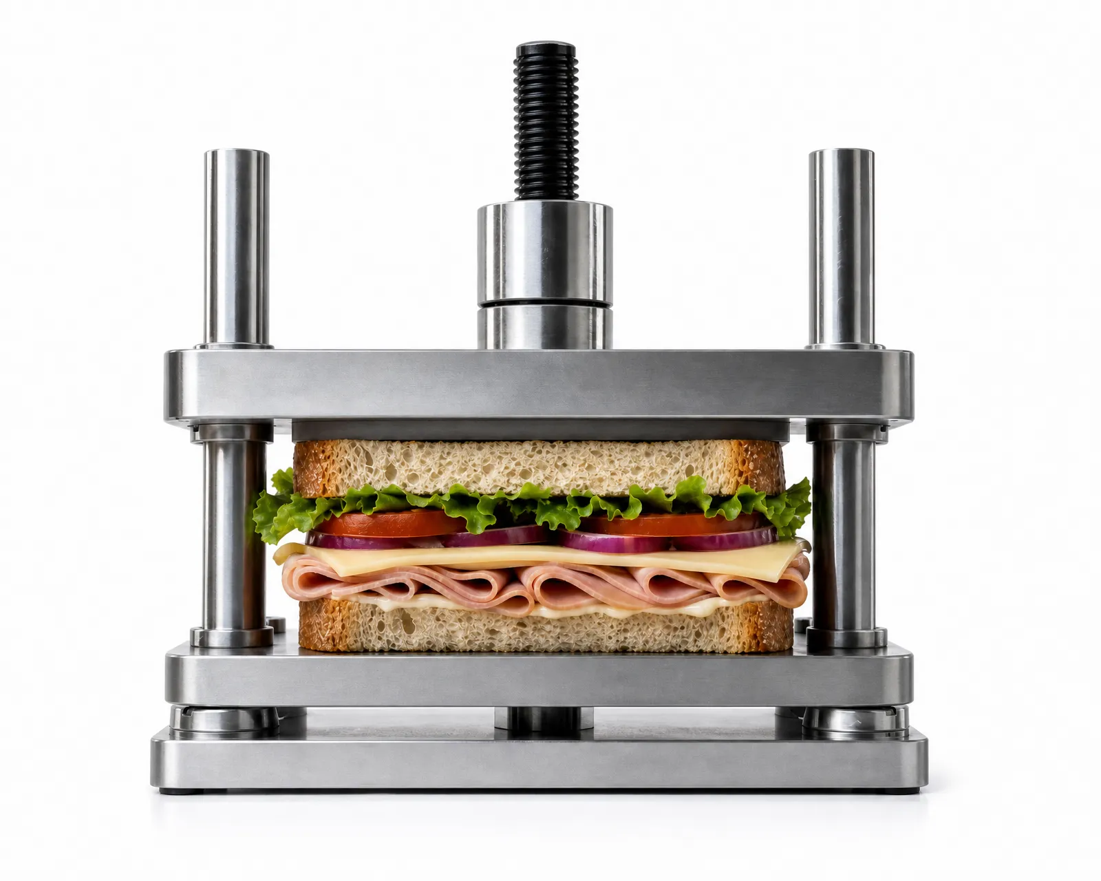 A sandwich of open-crumb bread, ruffled lettuce, tomato, red onion, cheese and folded sliced ham, held between the steel platens of a benchtop compression press. The upper platen is pressing down on the top slice, flattening the crumb where it makes contact.