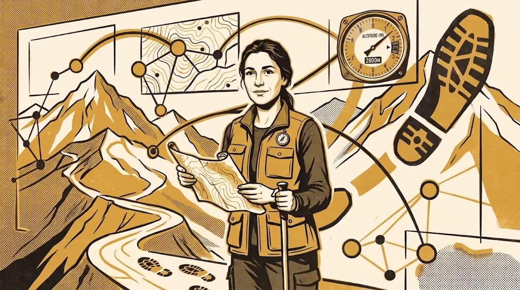 An illustrated woman in a field vest holds a trekking pole and a map, standing before mountains, a topographic chart and an altitude gauge, in gold and black on a cream background.