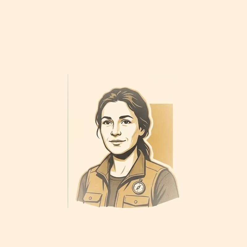A halftone-shaded illustrated portrait of a woman in a canvas field vest with a compass badge, facing the viewer, in gold and black on a cream background.