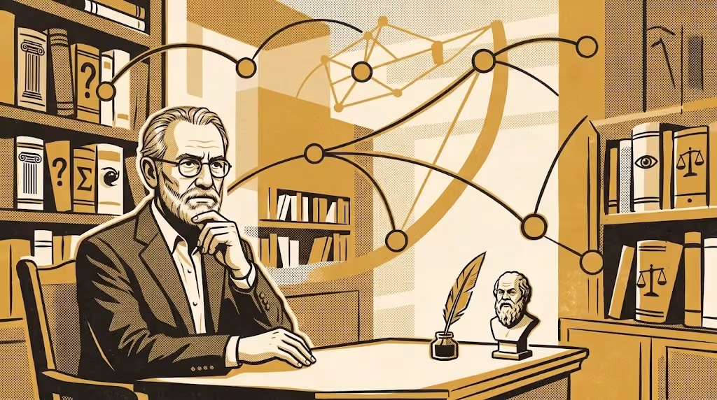 An illustrated older bearded man sits thoughtfully at a desk in a study lined with bookshelves, a quill and a small bust nearby, in gold and black on a cream background.