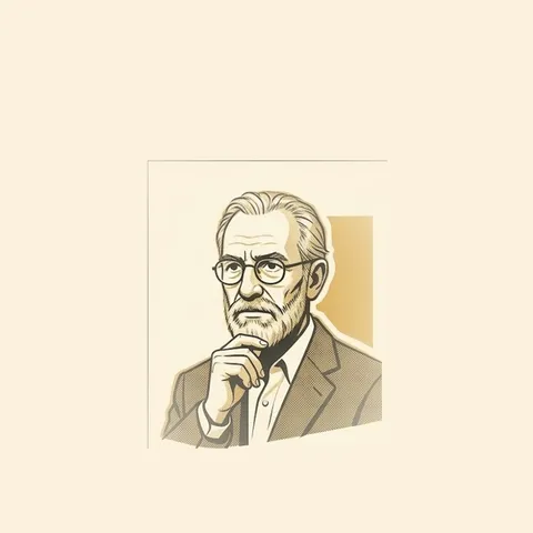 A halftone-shaded illustrated portrait of an older bearded man in glasses, resting his chin on his hand, in gold and black on a cream background.