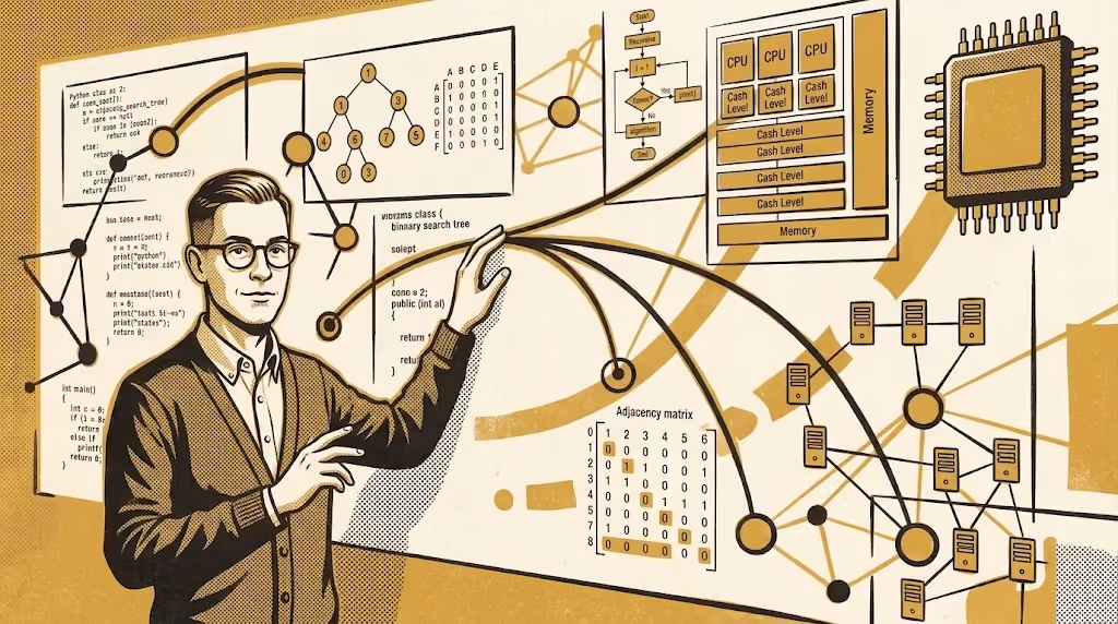 An illustrated man in glasses gestures toward whiteboards of code, trees and network diagrams, with server racks and an adjacency matrix behind him, in gold and black on a cream background.