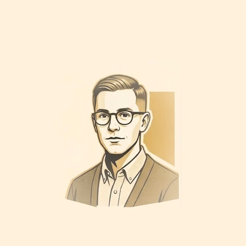 A halftone-shaded illustrated portrait of a man in glasses and a tweed jacket, facing the viewer, in gold and black on a cream background.