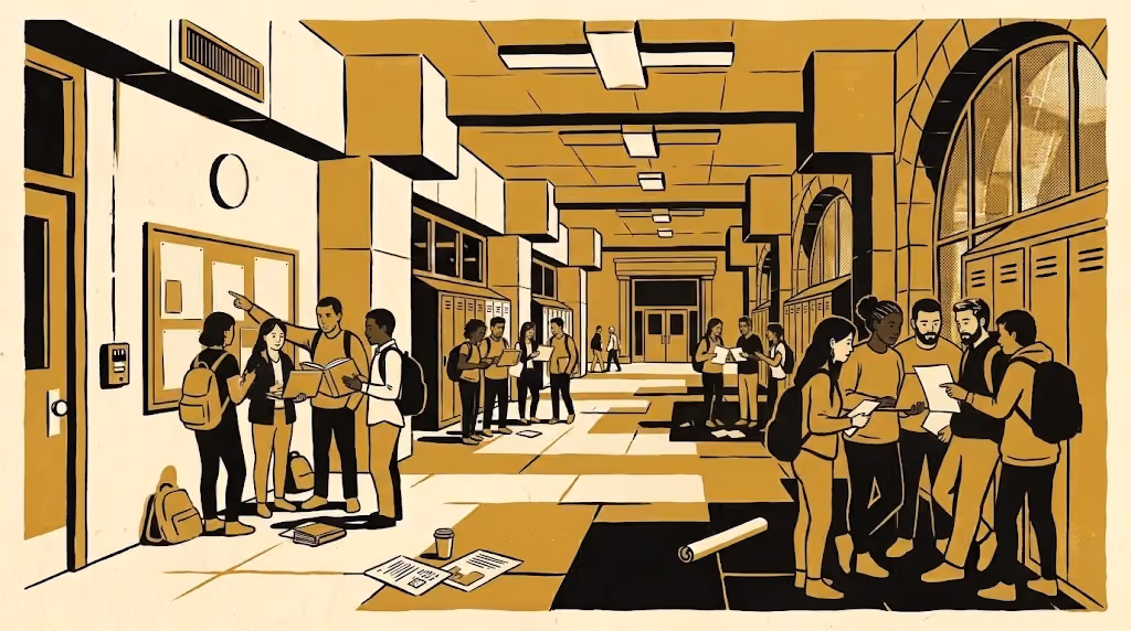 An illustrated school hallway lined with lockers and arched windows, students clustered in conversation with backpacks and books past a campus noticeboard, doors open at the far end of the corridor