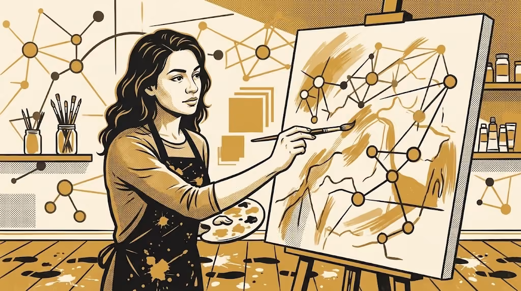 An illustrated woman in a paint-splattered apron paints a network diagram onto a canvas in her studio, in gold and black on a cream background.