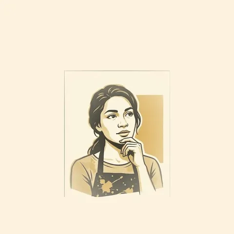 A halftone-shaded illustrated portrait of a woman resting her chin on her hand, wearing a paint-splattered apron, in gold and black on a cream background.