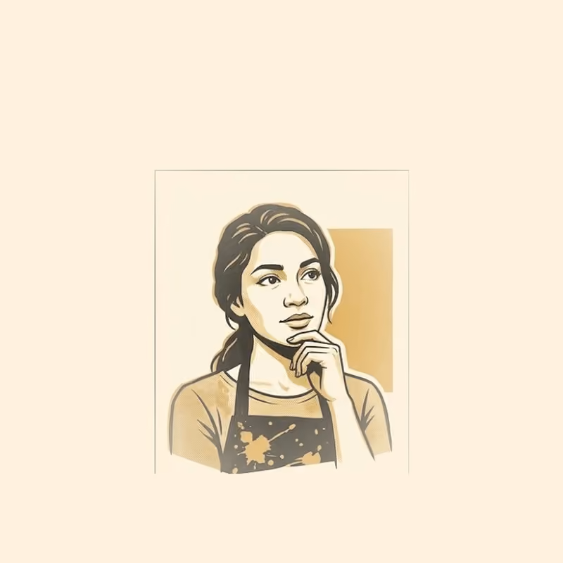 A halftone-shaded illustrated portrait of a woman resting her chin on her hand, wearing a paint-splattered apron, in gold and black on a cream background.