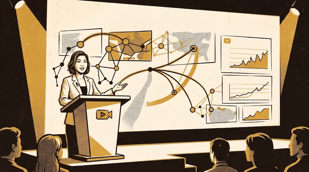 An illustrated woman with a lapel microphone presents at a podium in front of an audience, gesturing toward a screen of network diagrams and trend charts, in gold and black on a cream background.