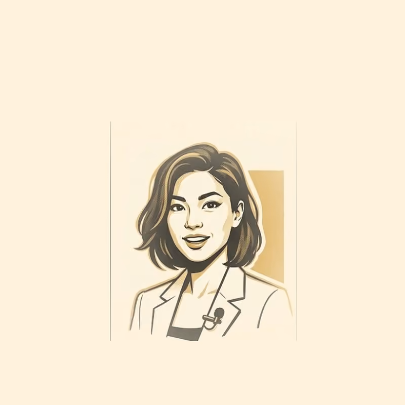 A halftone-shaded illustrated portrait of a smiling woman with a lapel microphone, in a light blazer, in gold and black on a cream background.