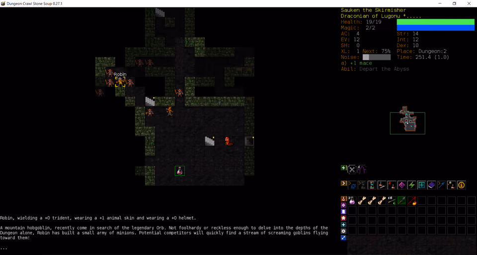A tiles-mode screenshot of the roguelike Dungeon Crawl Stone Soup, showing the player's inventory, monsters and a summary panel