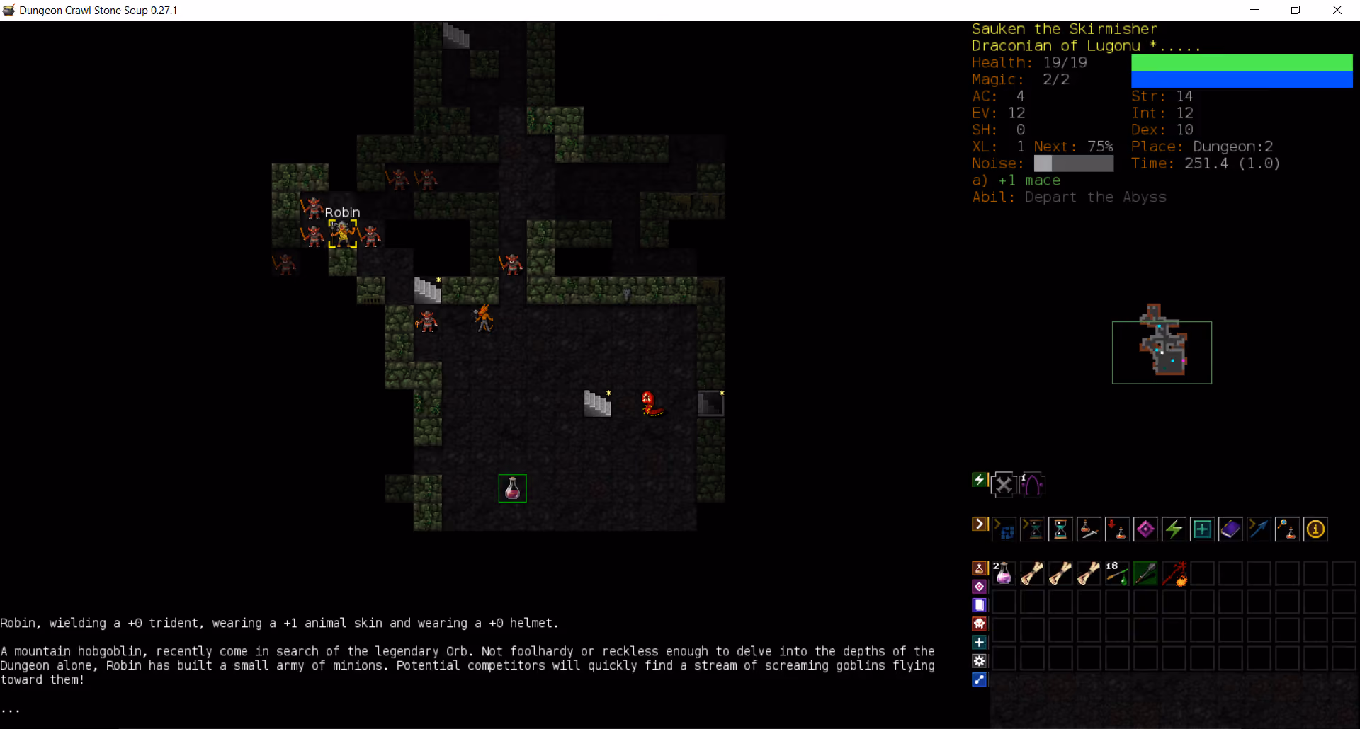 A tiles-mode screenshot of the roguelike Dungeon Crawl Stone Soup, showing the player's inventory, monsters and a summary panel