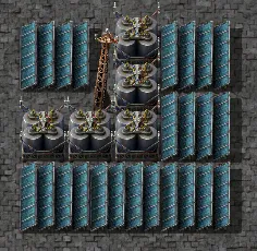 A wiki diagram of a 9×9 tile block combining solar panels and accumulators in the sized ratio needed for a self-sufficient, tileable day-night power block