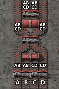 A wiki diagram of four input belts labelled A, B, C, D passing through two rows of splitters, with each belt's contents shown as an increasingly mixed AB/CD label, ending fully mixed ABCD at the bottom outputs