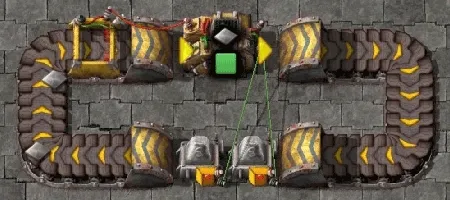 A belt reading its contents onto the circuit network, with a combinator downstream reacting to the presence of a specific item type