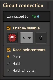 The transport belt's circuit network connection panel, showing the Enable/disable condition and the read-contents mode selector