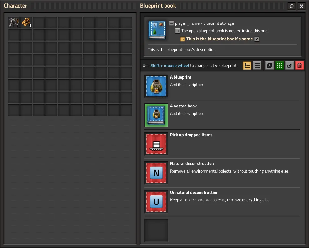 A screenshot of the Factorio blueprint book interface, showing a named, described blueprint book containing several named and described blueprints and deconstruction filters