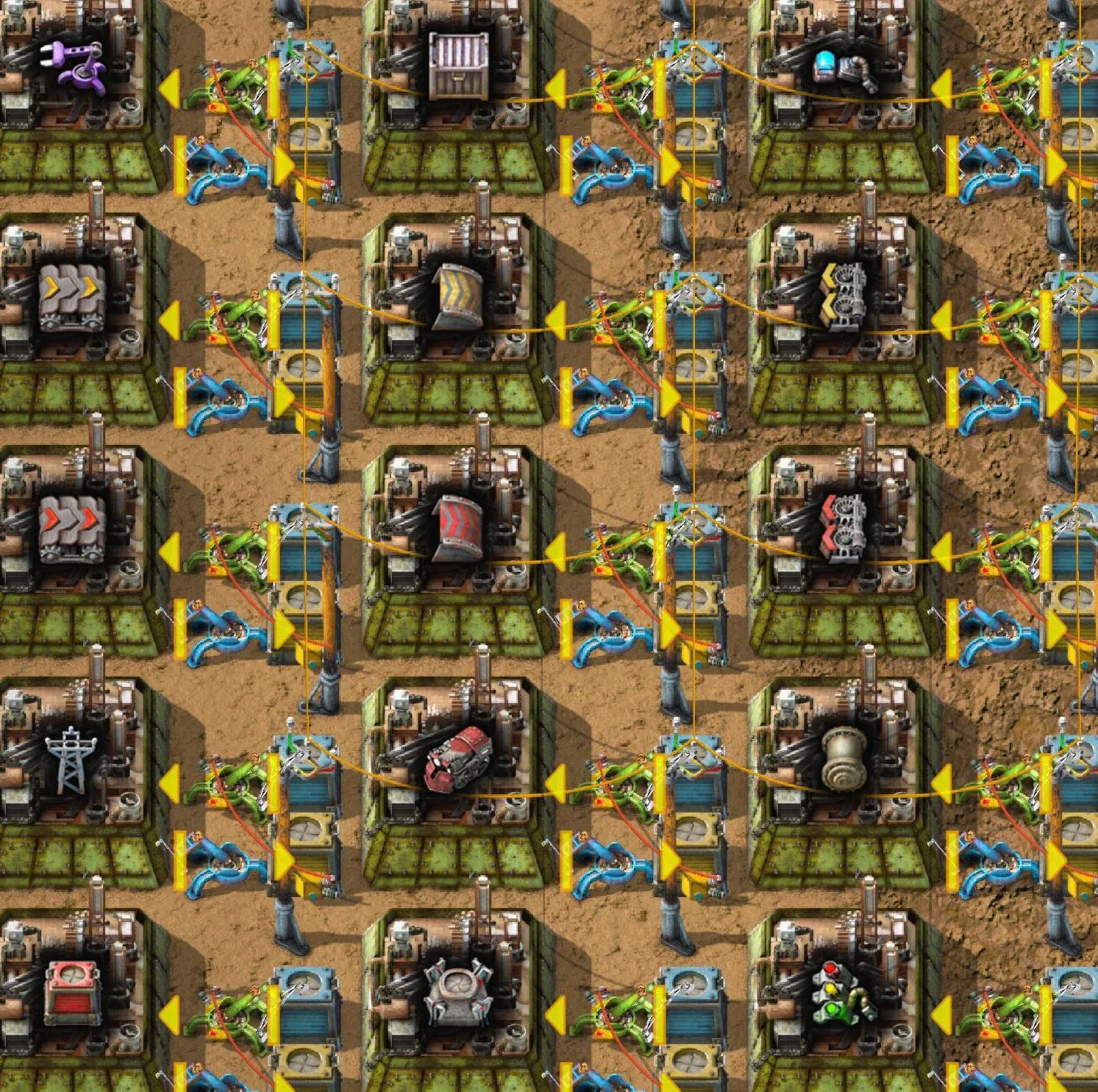 A repeating grid of logistic chests, each holding a different item type and fed by its own belt and pipe, laid out as a modular bot-supplied production block