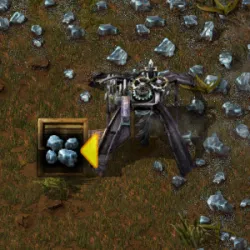 A burner mining drill depositing mined ore directly into a wooden chest placed immediately in front of it, with no inserter or belt between them